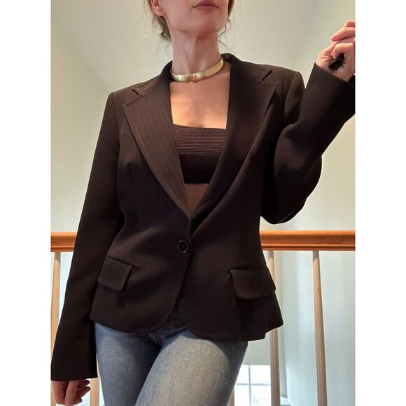 MaxMara Black Pinstripe One Button Blazer Size 10 Classic Office Quiet Luxury - Picture 8 of 14
